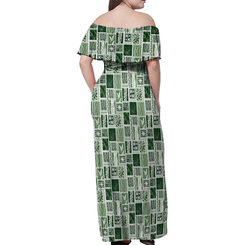 Vintage Aloha Block Quilt Family Matching Off Shoulder Maxi Dress and Hawaiian Shirt Green Inspired Lei Motifs LT9 - Polynesian Pride