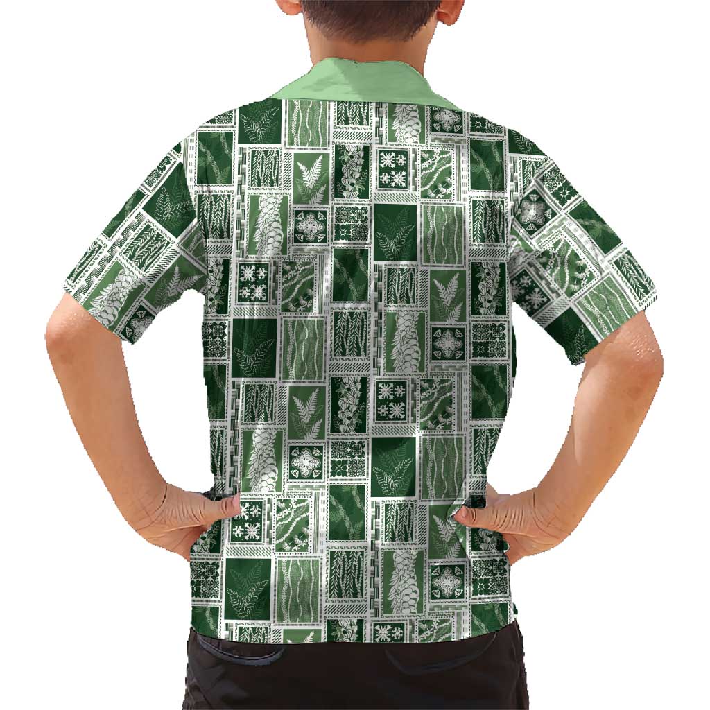 Vintage Aloha Block Quilt Family Matching Off Shoulder Short Dress and Hawaiian Shirt Green Inspired Lei Motifs LT9 - Polynesian Pride