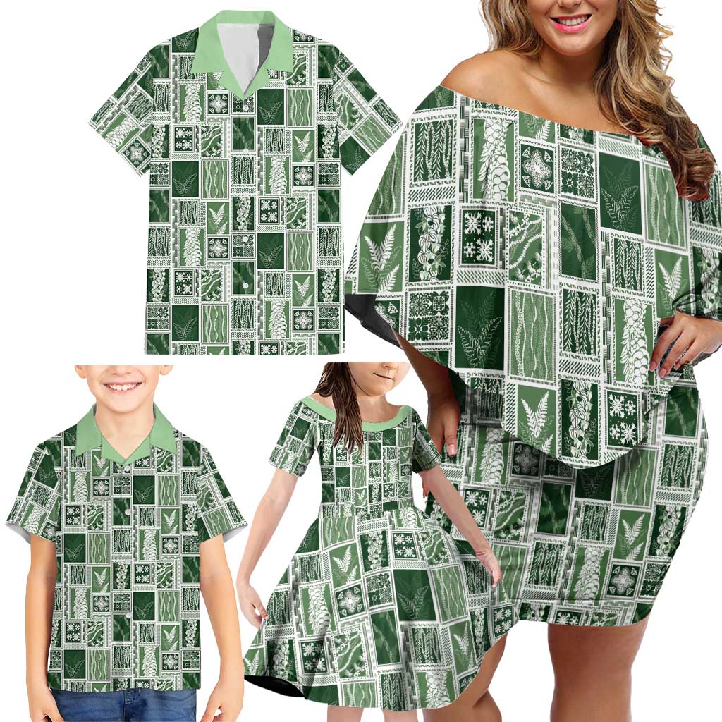 Vintage Aloha Block Quilt Family Matching Off Shoulder Short Dress and Hawaiian Shirt Green Inspired Lei Motifs - Polynesian Pride