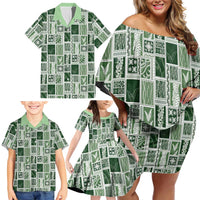 Vintage Aloha Block Quilt Family Matching Off Shoulder Short Dress and Hawaiian Shirt Green Inspired Lei Motifs LT9 - Polynesian Pride