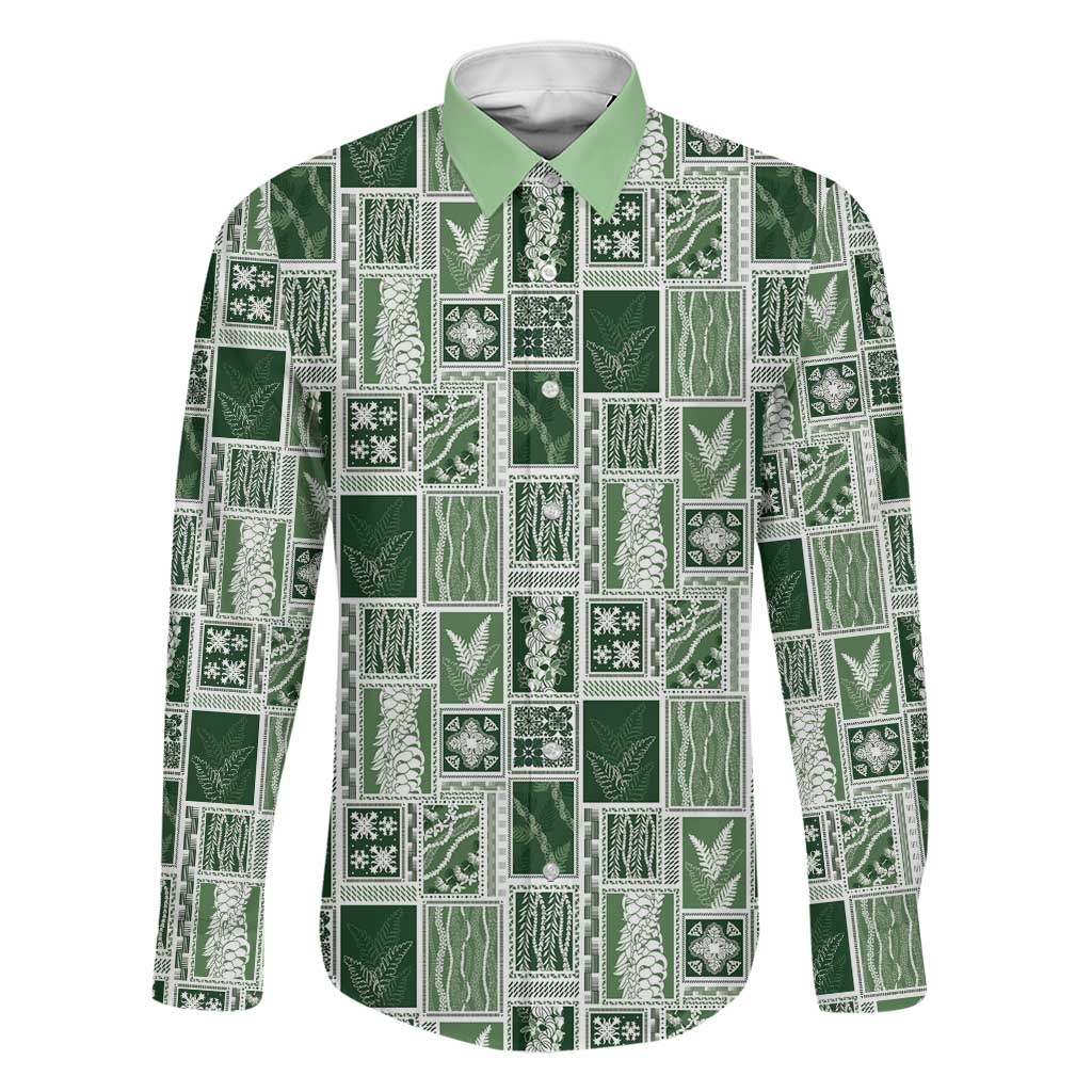 Vintage Aloha Block Quilt Family Matching Off Shoulder Short Dress and Hawaiian Shirt Green Inspired Lei Motifs LT9 Dad's Shirt - Long Sleeve Green - Polynesian Pride