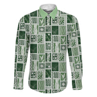 Vintage Aloha Block Quilt Family Matching Off Shoulder Short Dress and Hawaiian Shirt Green Inspired Lei Motifs LT9 Dad's Shirt - Long Sleeve Green - Polynesian Pride