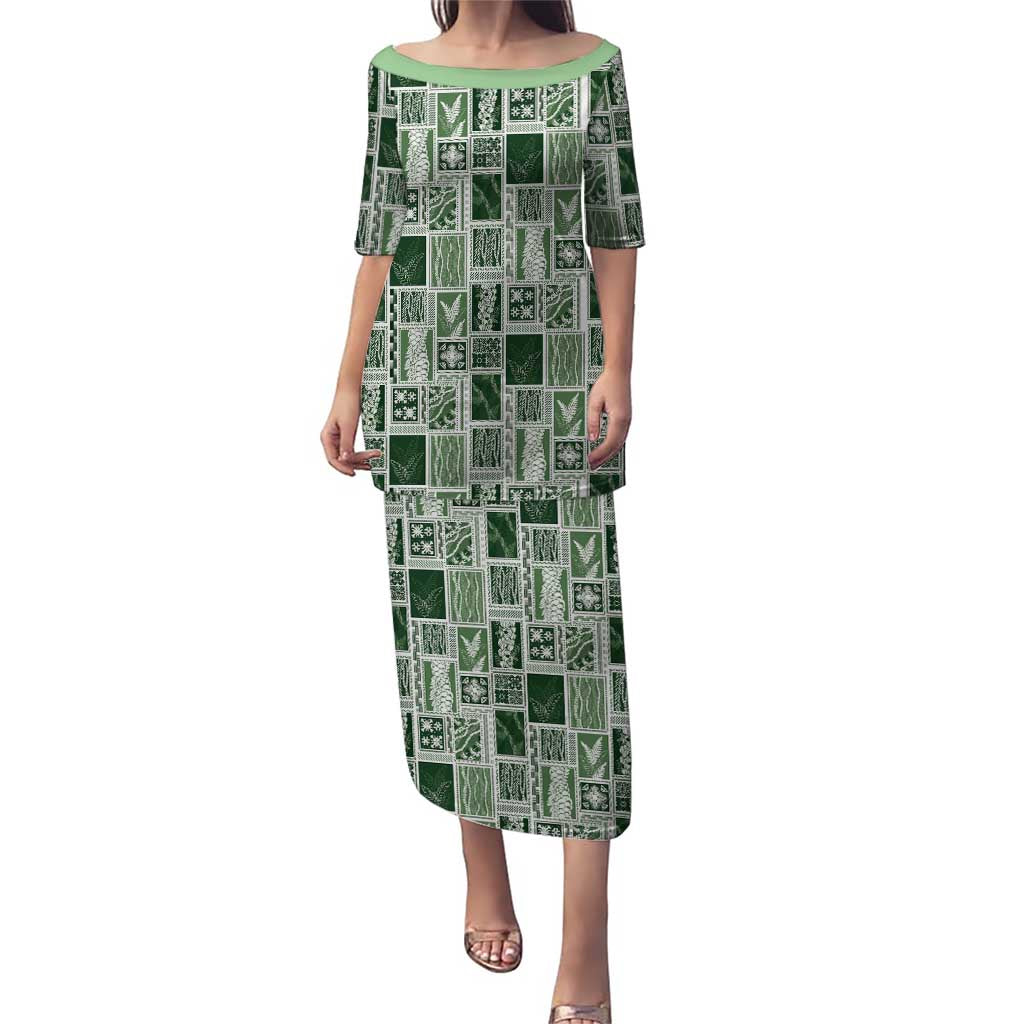 Vintage Aloha Block Quilt Family Matching Puletasi and Hawaiian Shirt Green Inspired Lei Motifs LT9 Mom's Dress Green - Polynesian Pride