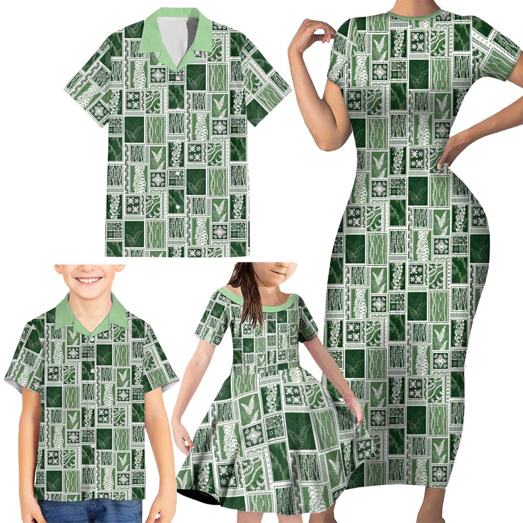 Vintage Aloha Block Quilt Family Matching Short Sleeve Bodycon Dress and Hawaiian Shirt Green Inspired Lei Motifs LT9 - Polynesian Pride