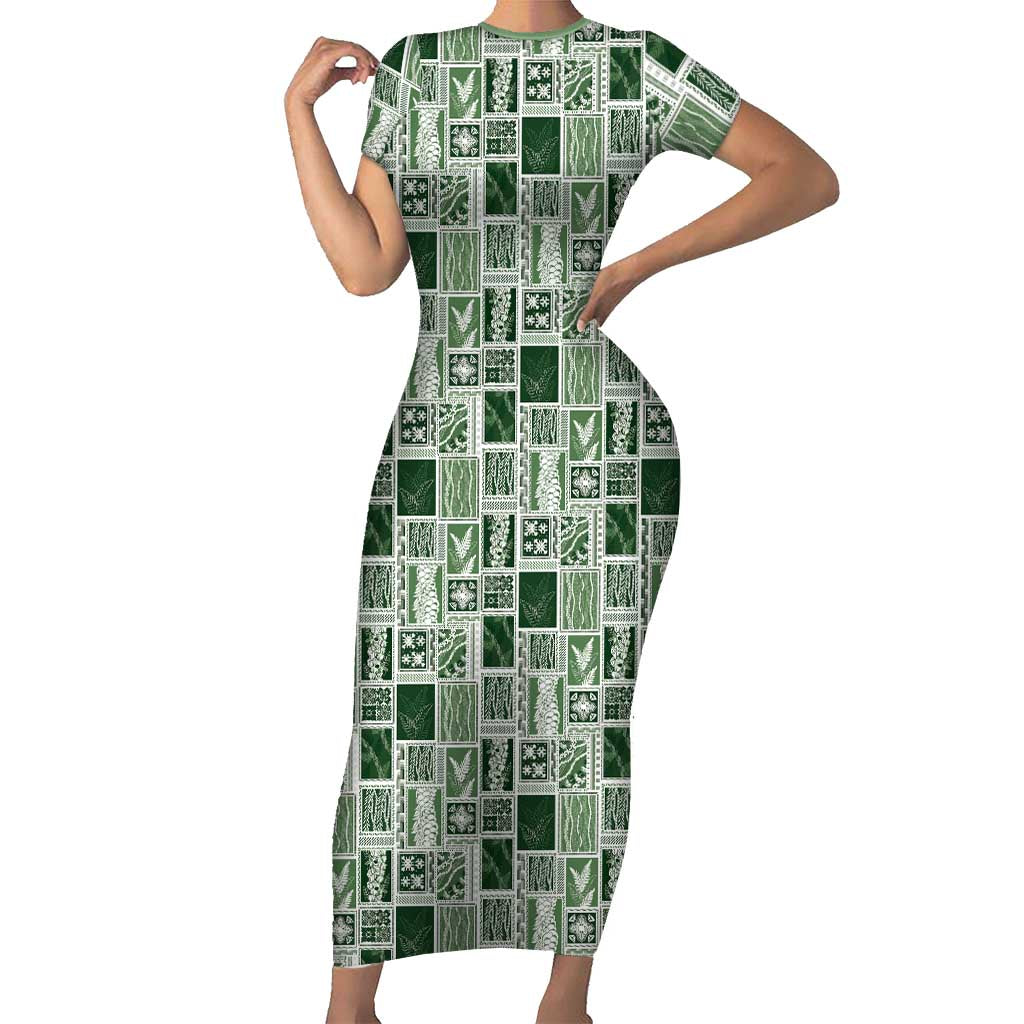 Vintage Aloha Block Quilt Family Matching Short Sleeve Bodycon Dress and Hawaiian Shirt Green Inspired Lei Motifs LT9 Mom's Dress Green - Polynesian Pride