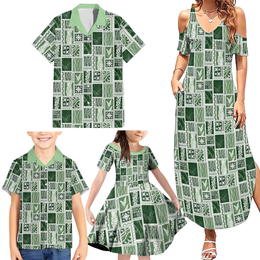 Vintage Aloha Block Quilt Family Matching Summer Maxi Dress and Hawaiian Shirt Green Inspired Lei Motifs - Polynesian Pride