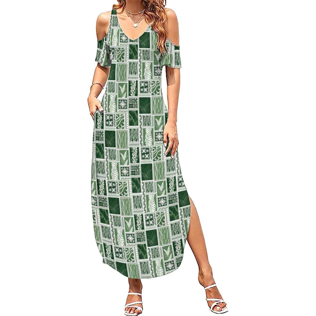 Vintage Aloha Block Quilt Family Matching Summer Maxi Dress and Hawaiian Shirt Green Inspired Lei Motifs LT9 Mom's Dress Green - Polynesian Pride