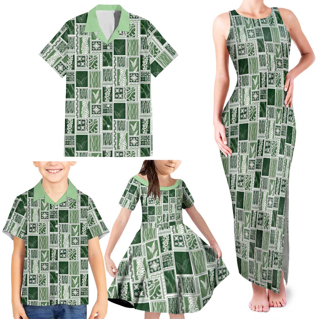 Vintage Aloha Block Quilt Family Matching Tank Maxi Dress and Hawaiian Shirt Green Inspired Lei Motifs LT9 - Polynesian Pride
