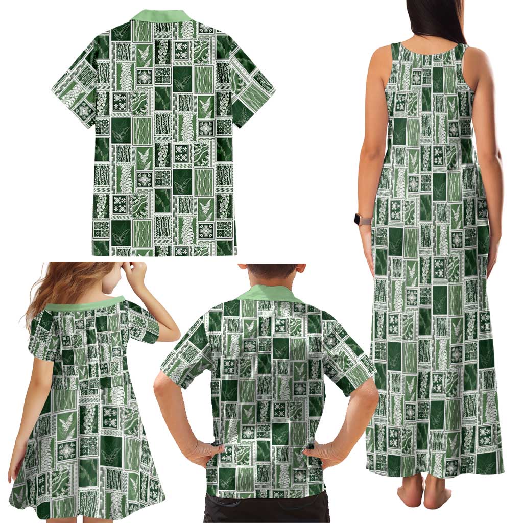 Vintage Aloha Block Quilt Family Matching Tank Maxi Dress and Hawaiian Shirt Green Inspired Lei Motifs LT9 - Polynesian Pride