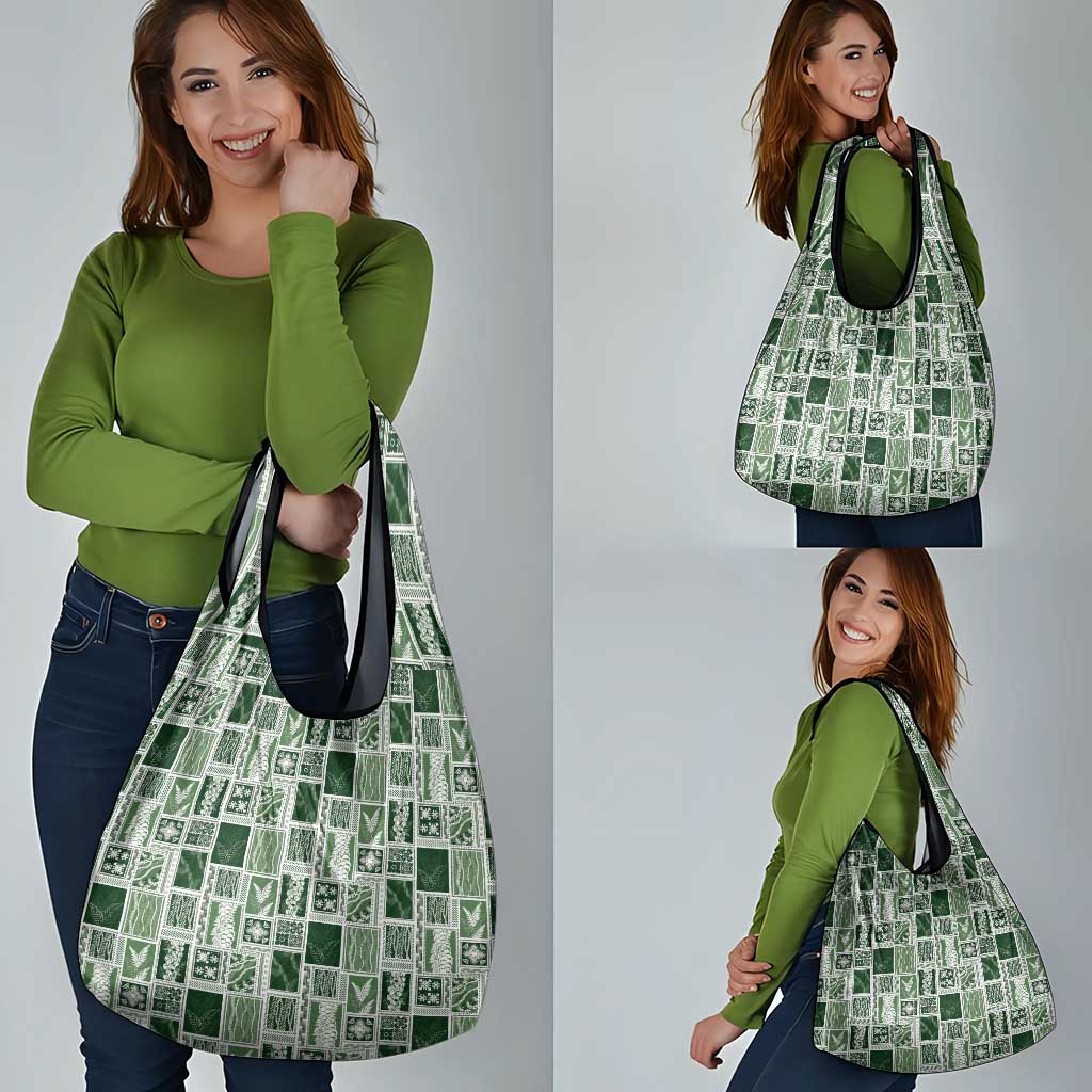 Vintage Aloha Block Quilt Grocery Bag Green Inspired Lei Motifs - Polynesian Pride