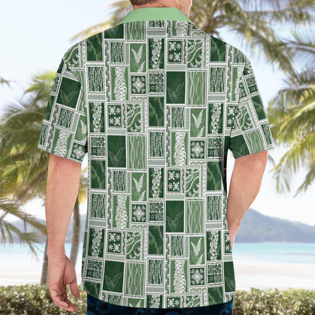 Vintage Aloha Block Quilt Hawaiian Shirt Green Inspired Lei Motifs - Polynesian Pride