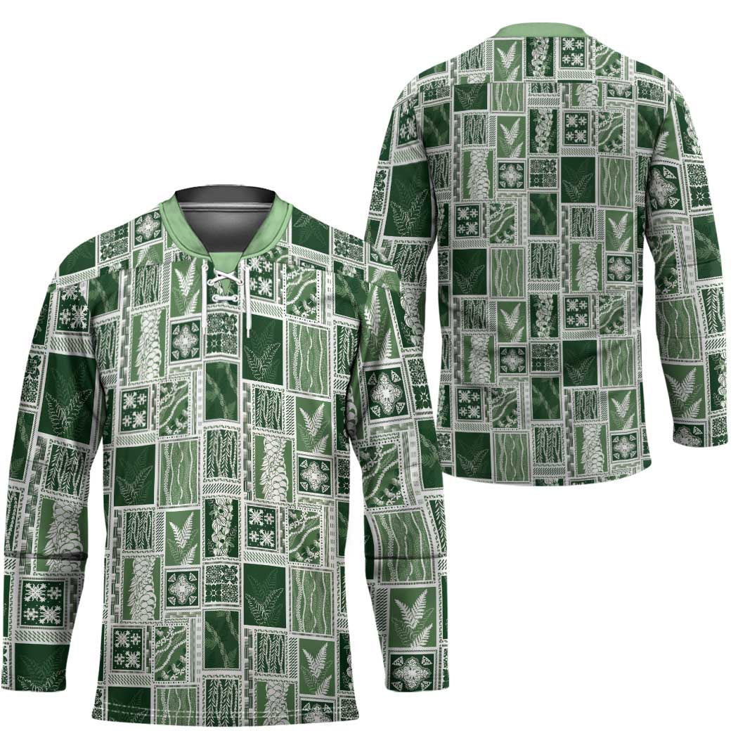 Vintage Aloha Block Quilt Hockey Jersey Green Inspired Lei Motifs - Polynesian Pride
