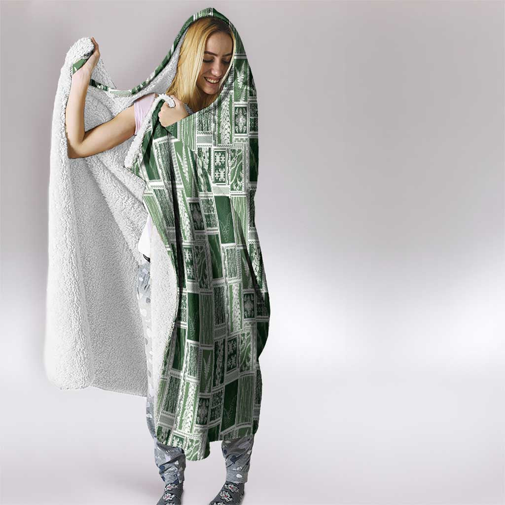 Vintage Aloha Block Quilt Hooded Blanket Green Inspired Lei Motifs - Polynesian Pride