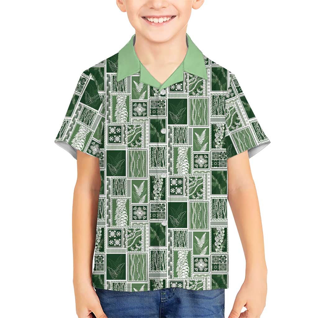 Vintage Aloha Block Quilt Kid Hawaiian Shirt Green Inspired Lei Motifs - Polynesian Pride