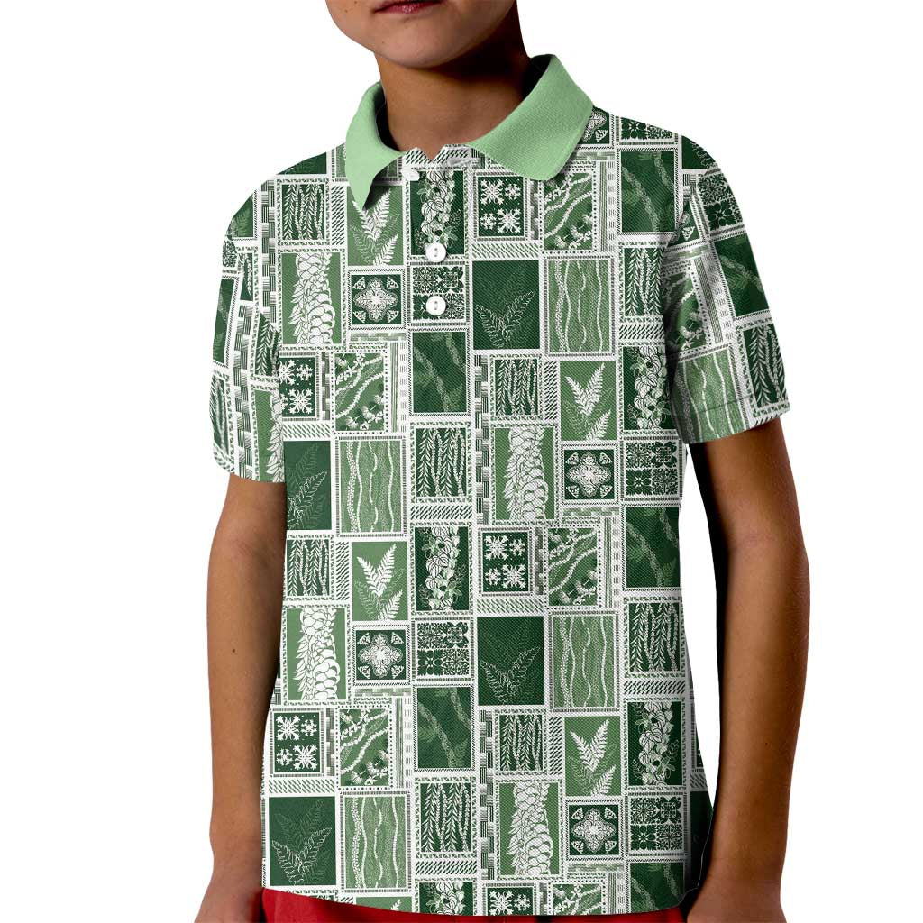 Vintage Aloha Block Quilt Kid Polo Shirt Green Inspired Lei Motifs - Polynesian Pride