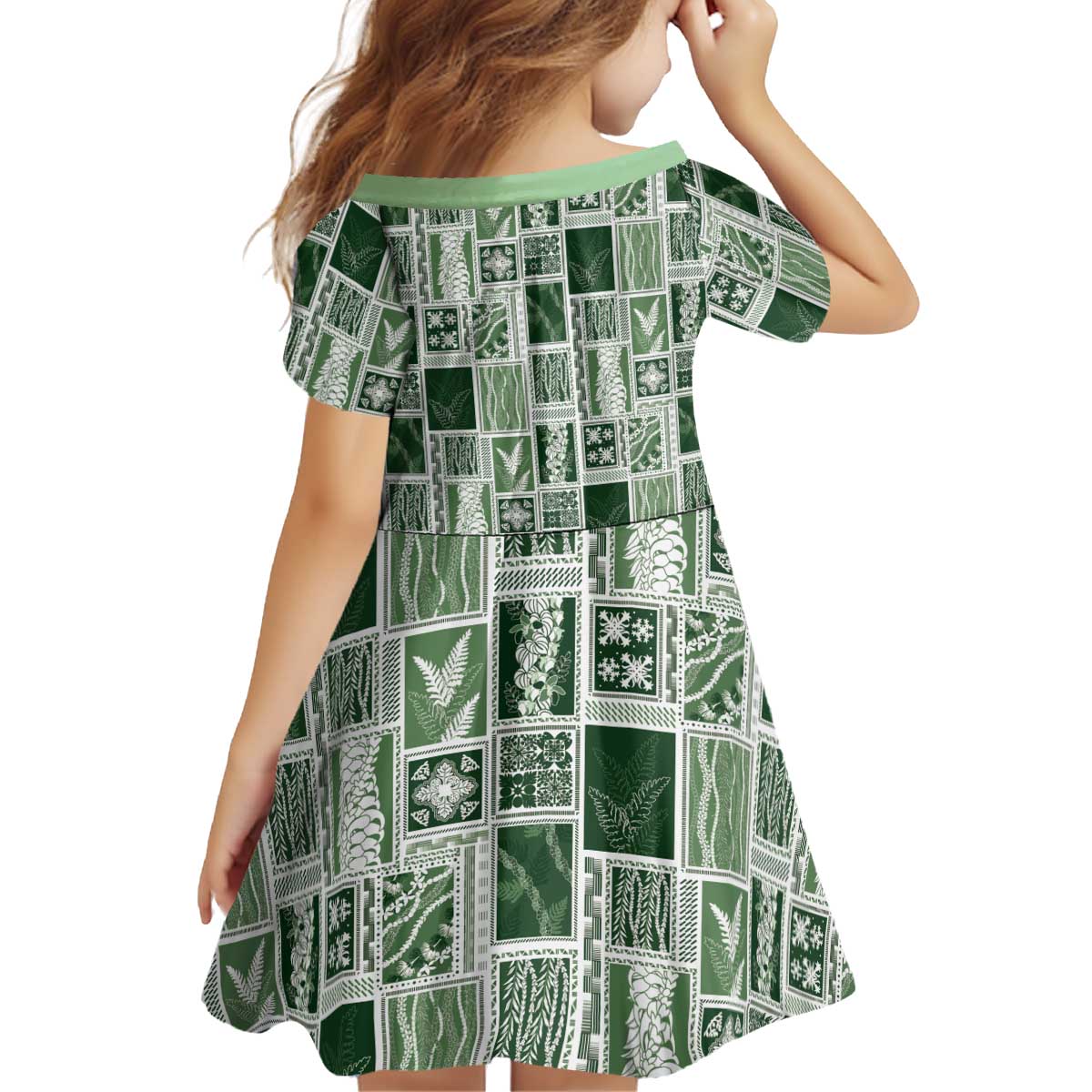 Vintage Aloha Block Quilt Kid Short Sleeve Dress Green Inspired Lei Motifs - Polynesian Pride