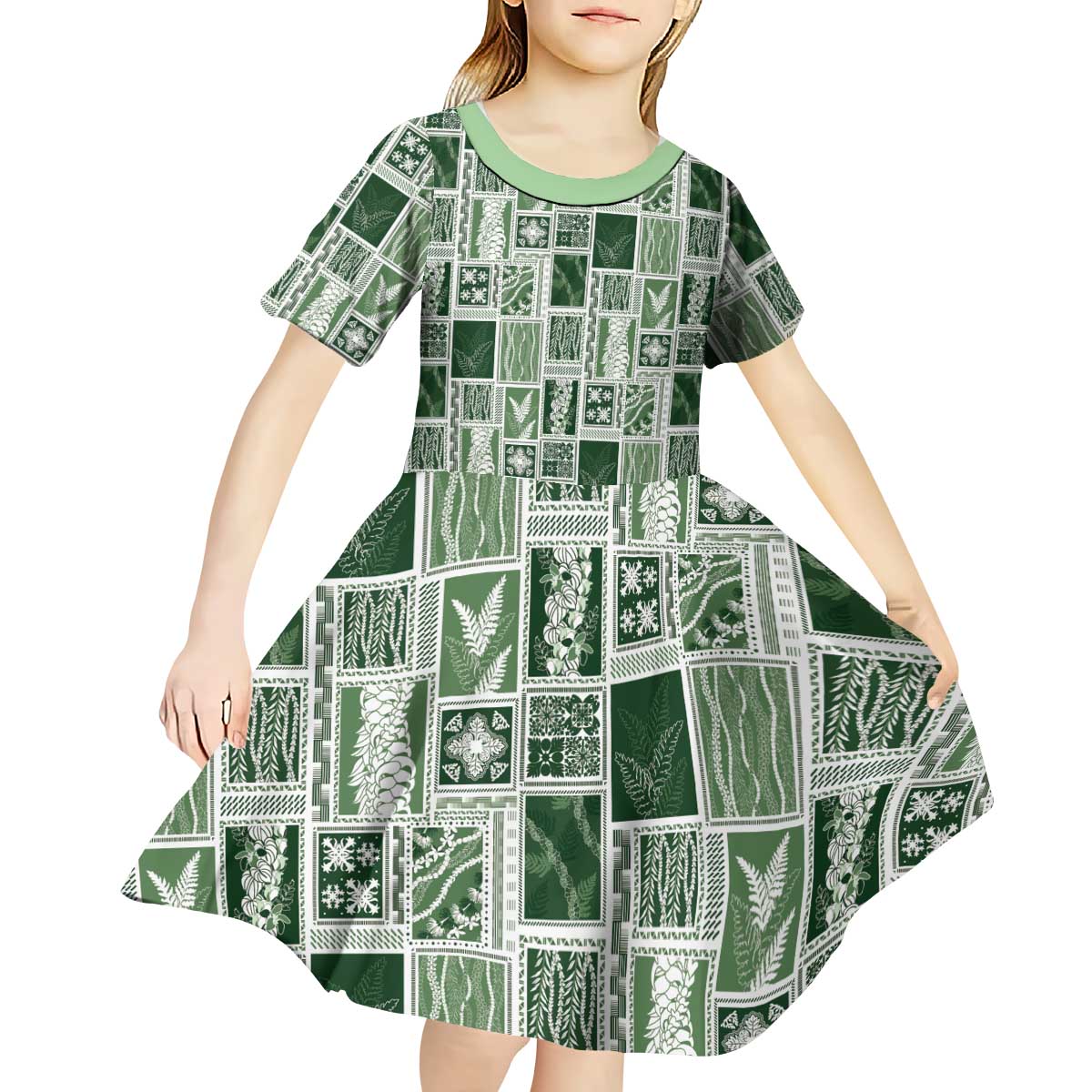 Vintage Aloha Block Quilt Kid Short Sleeve Dress Green Inspired Lei Motifs - Polynesian Pride