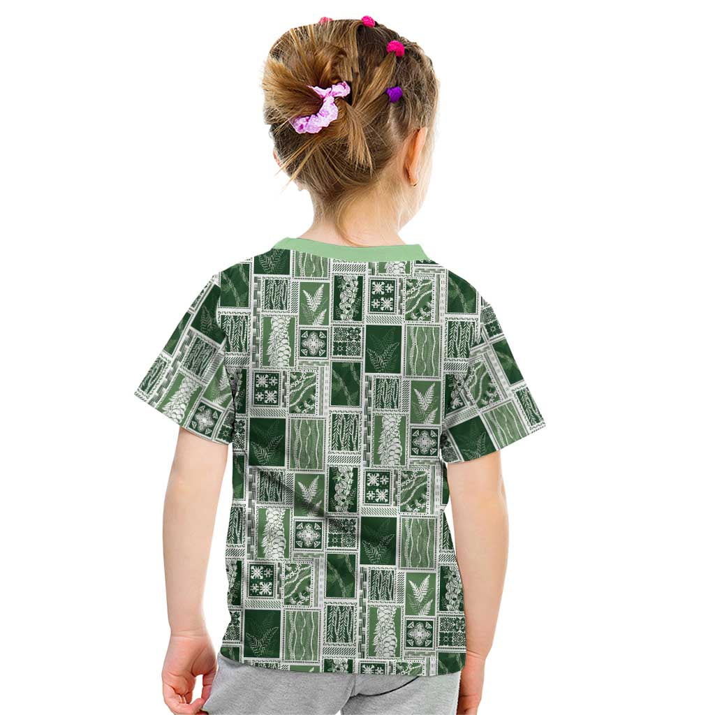 Vintage Aloha Block Quilt Kid T Shirt Green Inspired Lei Motifs - Polynesian Pride