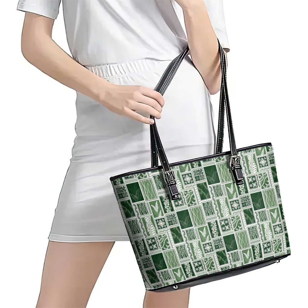 Vintage Aloha Block Quilt Leather Tote Bag Green Inspired Lei Motifs - Polynesian Pride