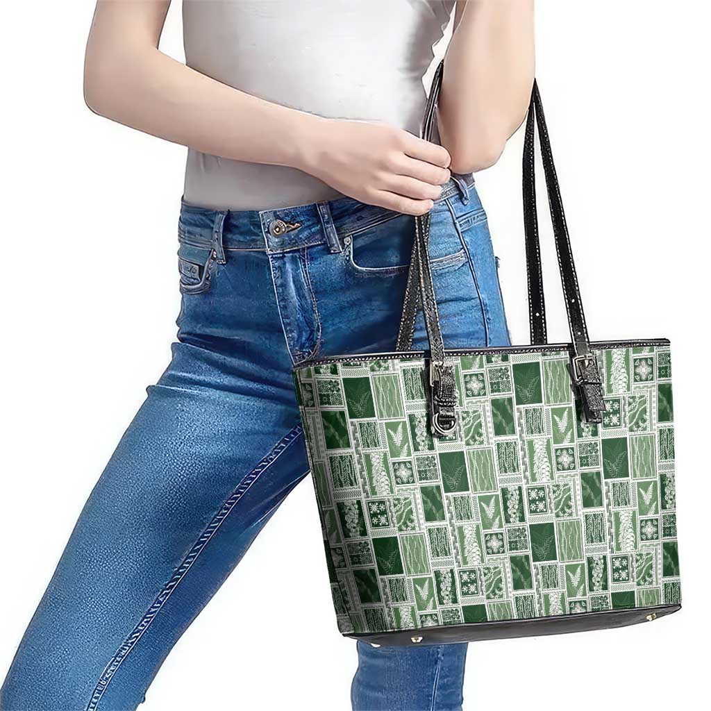 Vintage Aloha Block Quilt Leather Tote Bag Green Inspired Lei Motifs - Polynesian Pride