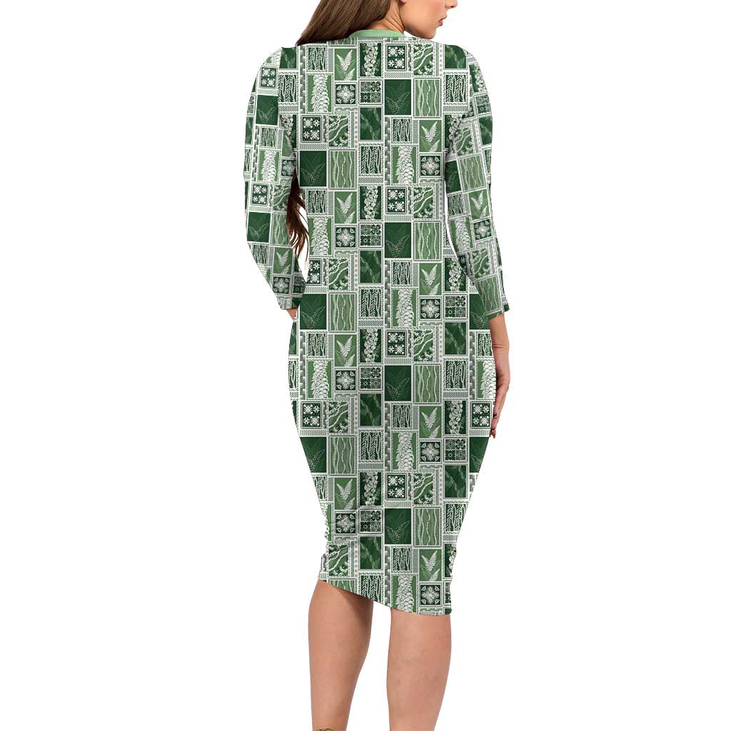 Vintage Aloha Block Quilt Long Sleeve Bodycon Dress Green Inspired Lei Motifs LT9 - Polynesian Pride