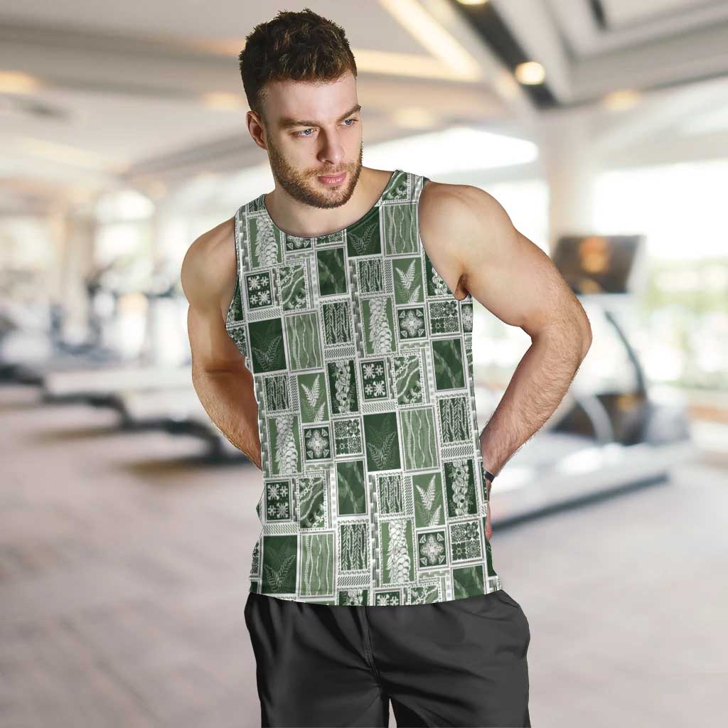 Vintage Aloha Block Quilt Men Tank Top Green Inspired Lei Motifs - Polynesian Pride