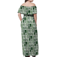 Vintage Aloha Block Quilt Off Shoulder Maxi Dress Green Inspired Lei Motifs - Polynesian Pride
