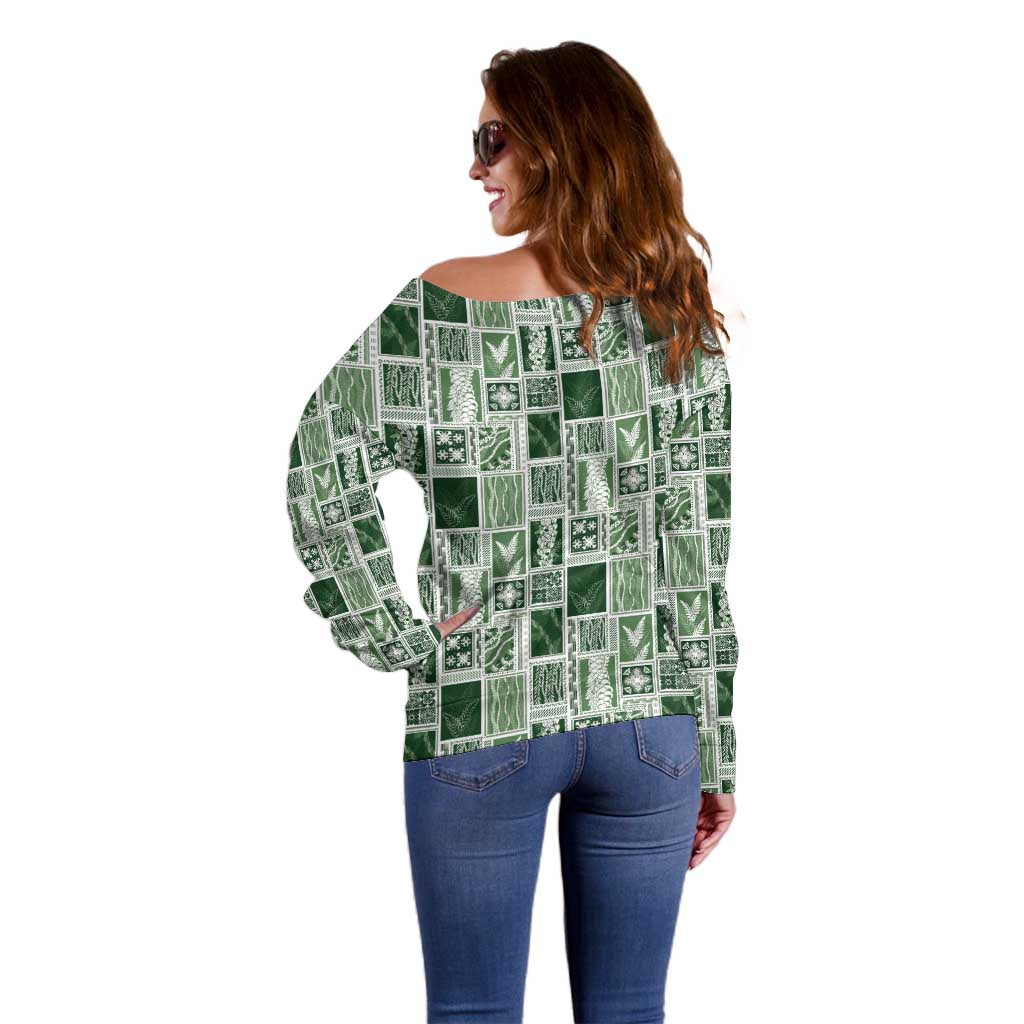 Vintage Aloha Block Quilt Off Shoulder Sweater Green Inspired Lei Motifs - Polynesian Pride