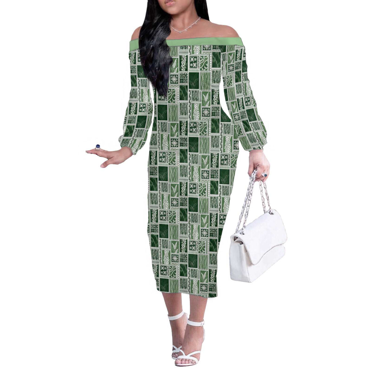 Vintage Aloha Block Quilt Off The Shoulder Long Sleeve Dress Green Inspired Lei Motifs - Polynesian Pride