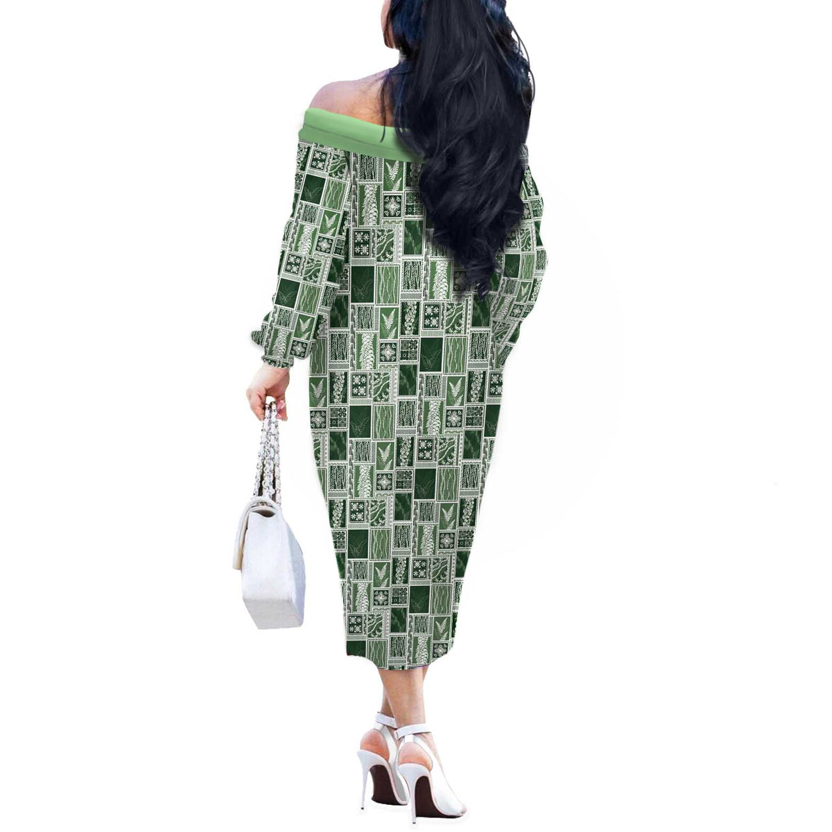 Vintage Aloha Block Quilt Off The Shoulder Long Sleeve Dress Green Inspired Lei Motifs - Polynesian Pride