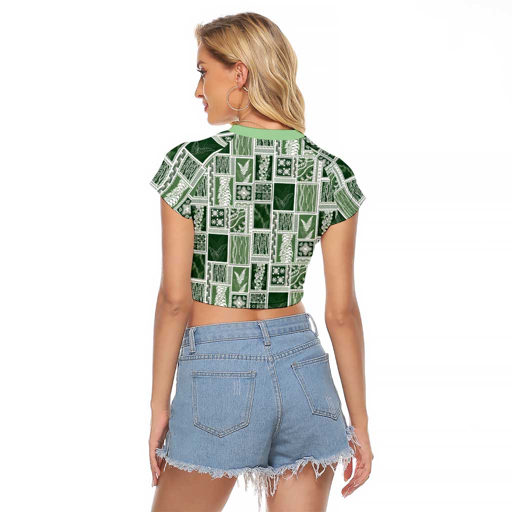Vintage Aloha Block Quilt Raglan Cropped T Shirt Green Inspired Lei Motifs - Polynesian Pride