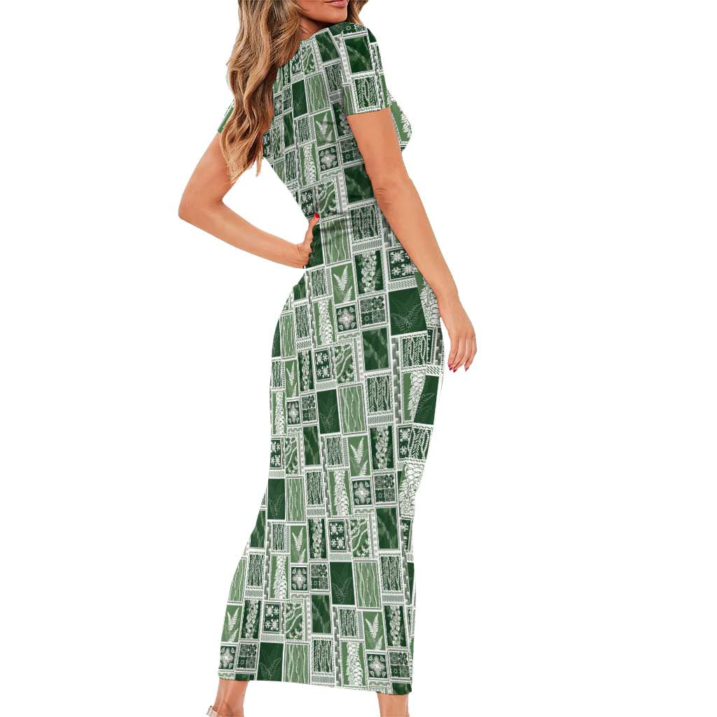 Vintage Aloha Block Quilt Short Sleeve Bodycon Dress Green Inspired Lei Motifs - Polynesian Pride