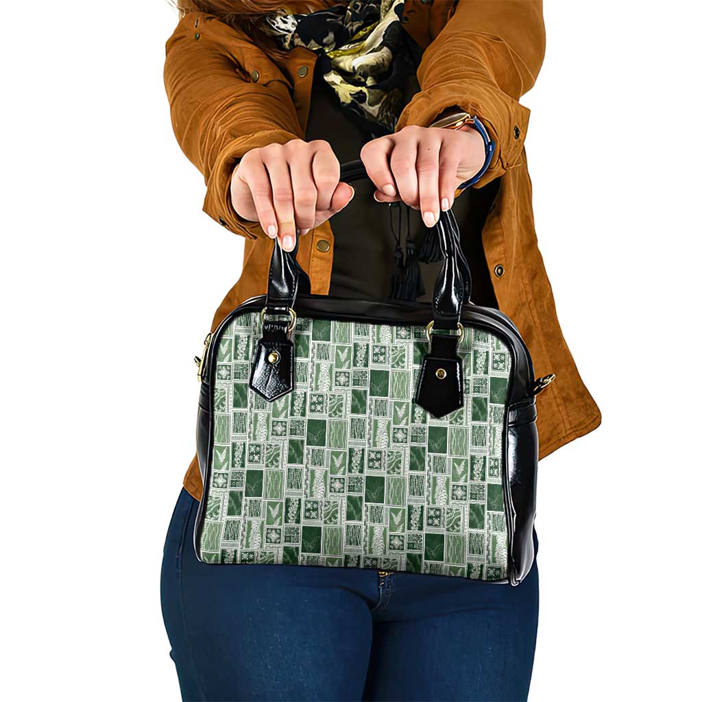 Vintage Aloha Block Quilt Shoulder Handbag Green Inspired Lei Motifs - Polynesian Pride