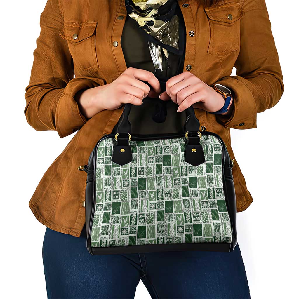 Vintage Aloha Block Quilt Shoulder Handbag Green Inspired Lei Motifs - Polynesian Pride