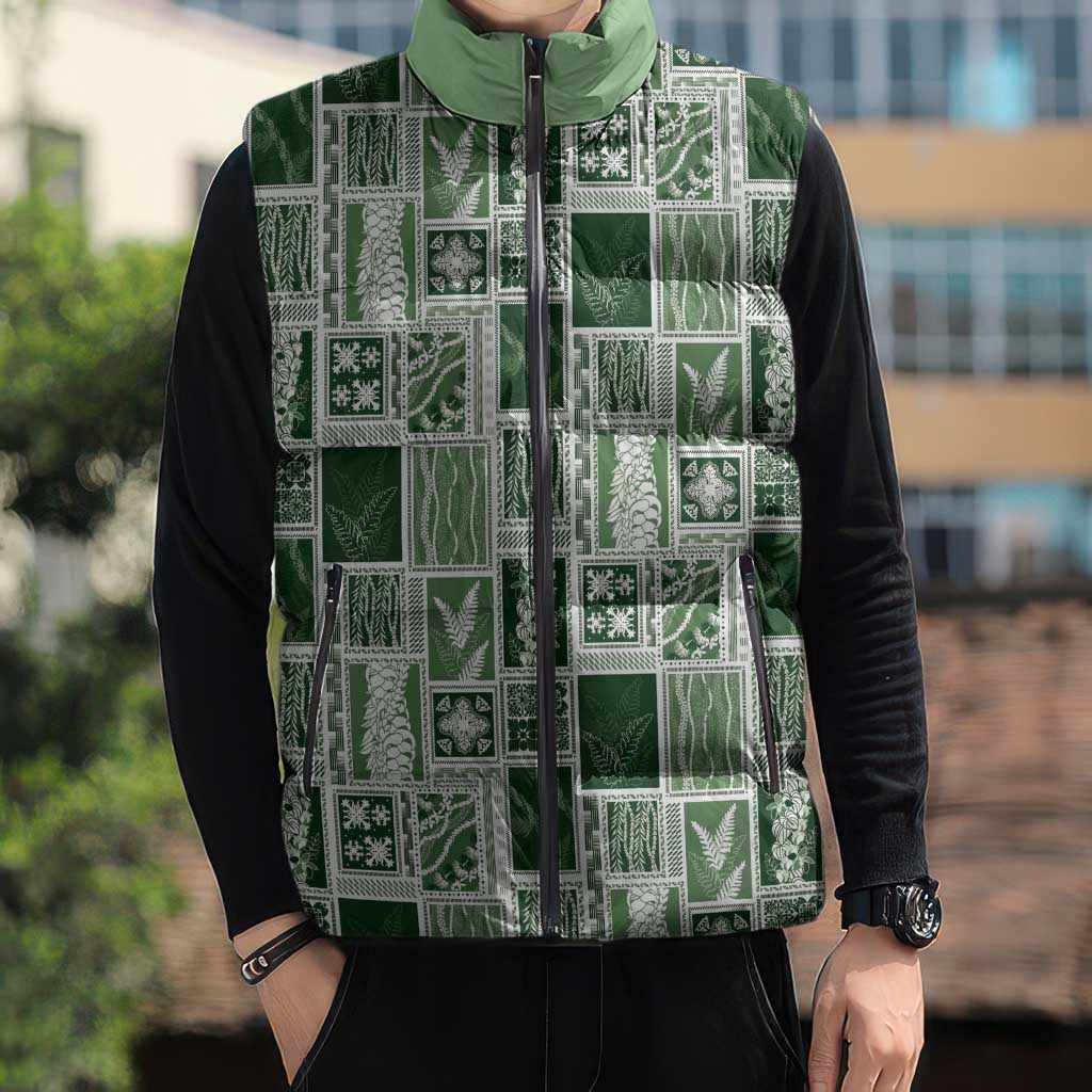 Vintage Aloha Block Quilt Sleeveless Puffer Jacket Green Inspired Lei Motifs - Polynesian Pride