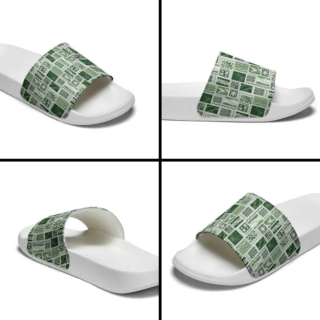 Vintage Aloha Block Quilt Slide Sandals Green Inspired Lei Motifs LT9 - Polynesian Pride