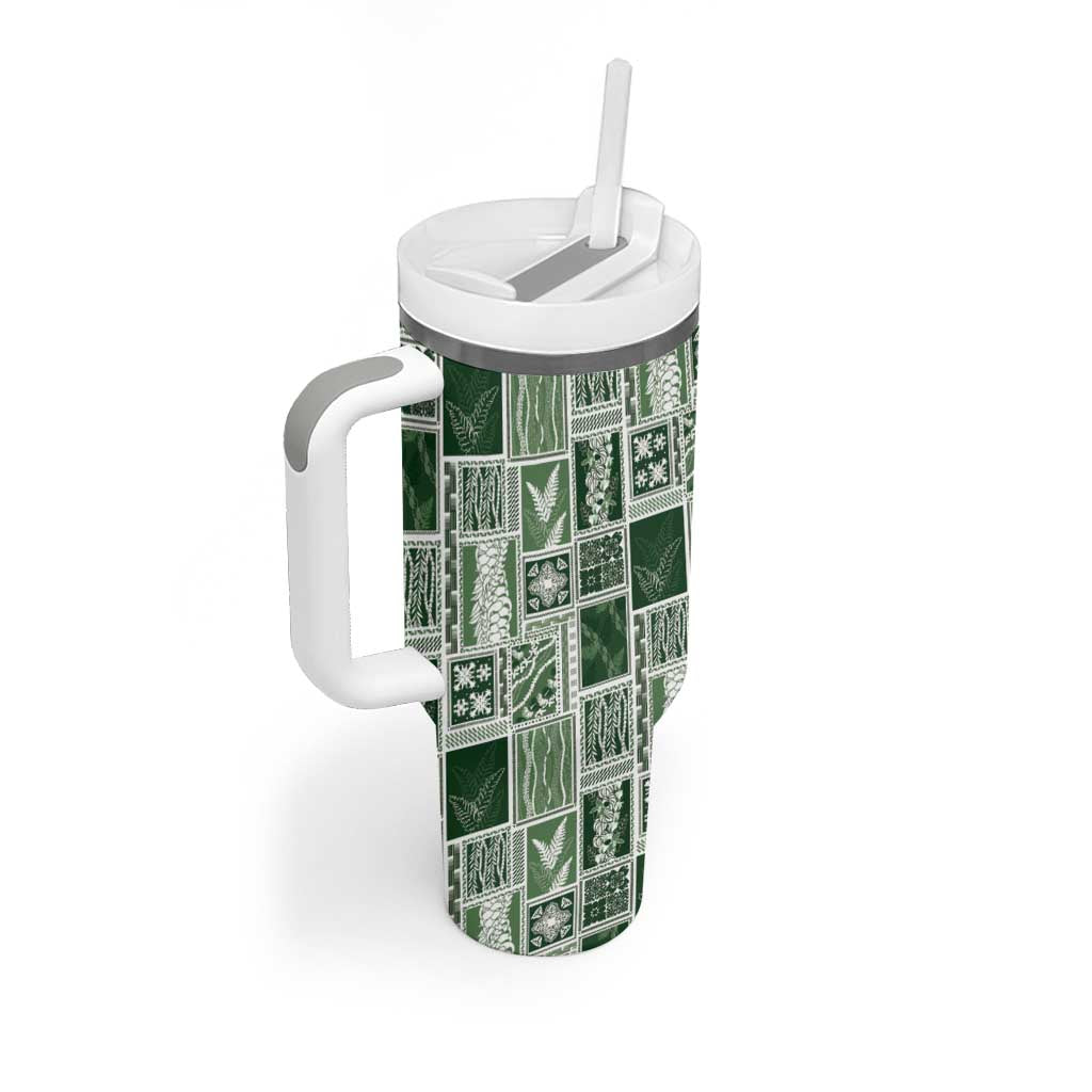Vintage Aloha Block Quilt Tumbler With Handle Green Inspired Lei Motifs - Polynesian Pride