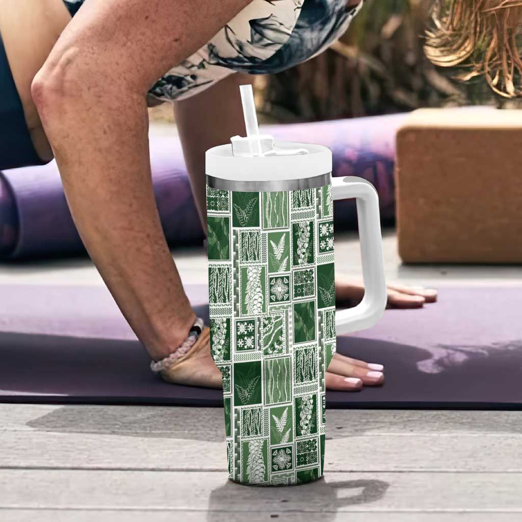 Vintage Aloha Block Quilt Tumbler With Handle Green Inspired Lei Motifs - Polynesian Pride