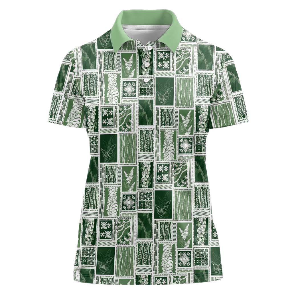 Vintage Aloha Block Quilt Women Polo Shirt Green Inspired Lei Motifs - Polynesian Pride
