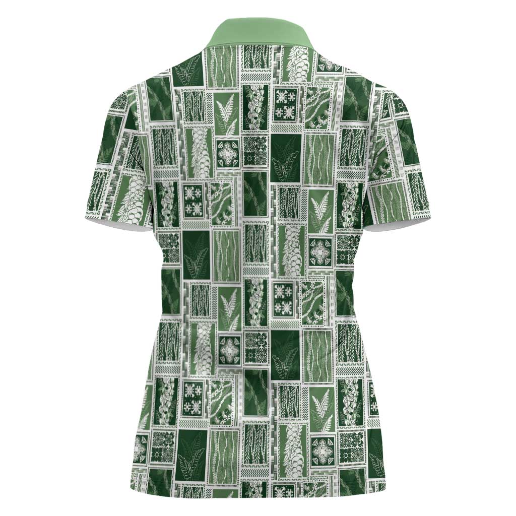 Vintage Aloha Block Quilt Women Polo Shirt Green Inspired Lei Motifs - Polynesian Pride