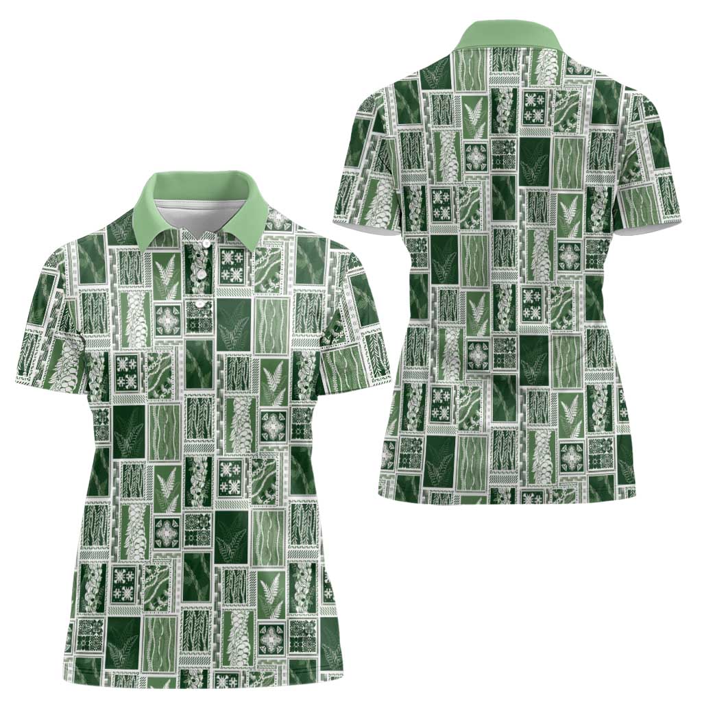 Vintage Aloha Block Quilt Women Polo Shirt Green Inspired Lei Motifs - Polynesian Pride