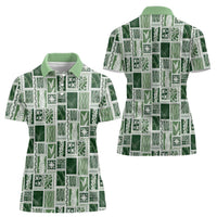 Vintage Aloha Block Quilt Women Polo Shirt Green Inspired Lei Motifs - Polynesian Pride