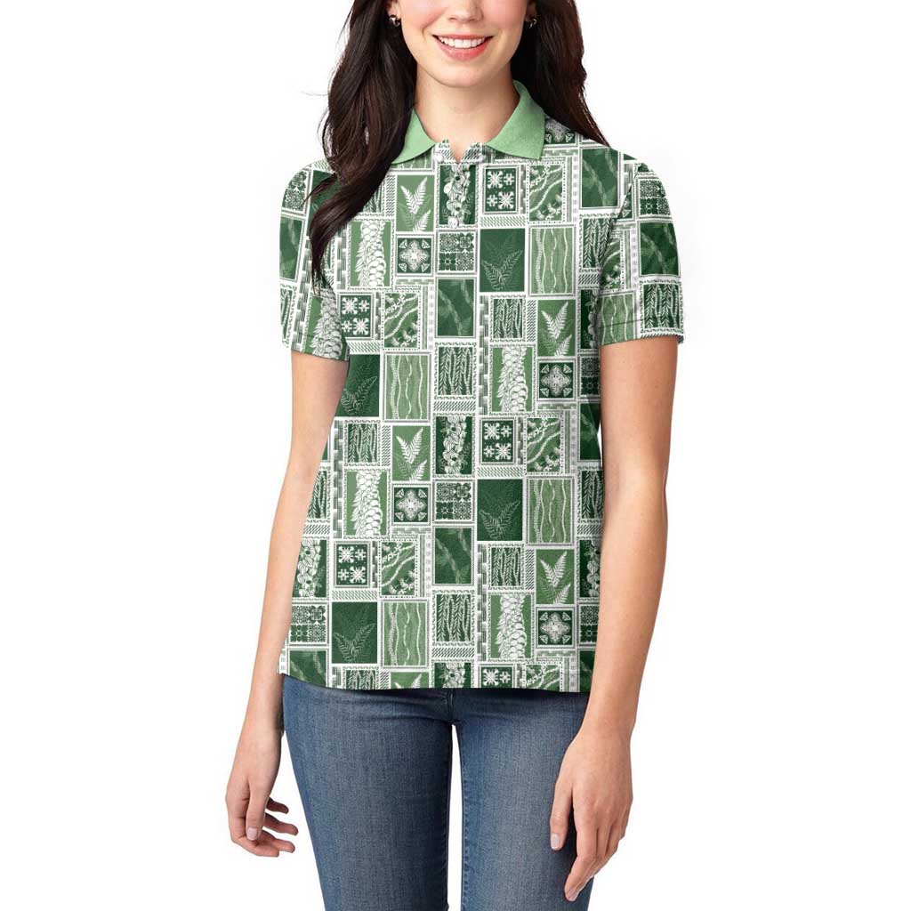 Vintage Aloha Block Quilt Women Polo Shirt Green Inspired Lei Motifs - Polynesian Pride