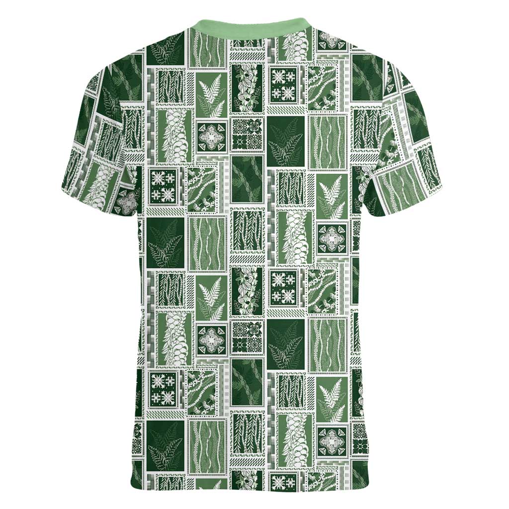 Vintage Aloha Block Quilt Women V-Neck T-Shirt Green Inspired Lei Motifs - Polynesian Pride