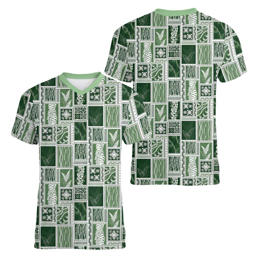 Vintage Aloha Block Quilt Women V-Neck T-Shirt Green Inspired Lei Motifs - Polynesian Pride