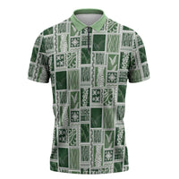 Vintage Aloha Block Quilt Zipper Polo Shirt Green Inspired Lei Motifs - Polynesian Pride