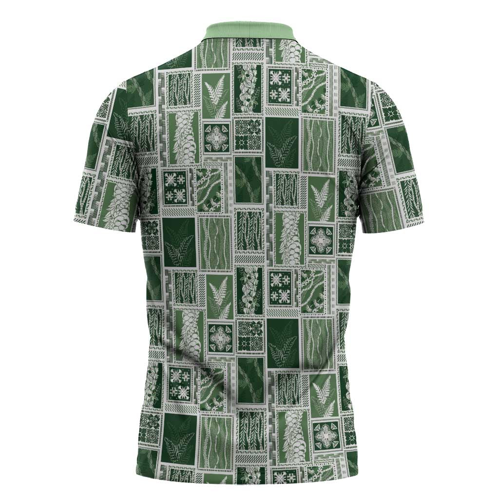 Vintage Aloha Block Quilt Zipper Polo Shirt Green Inspired Lei Motifs - Polynesian Pride