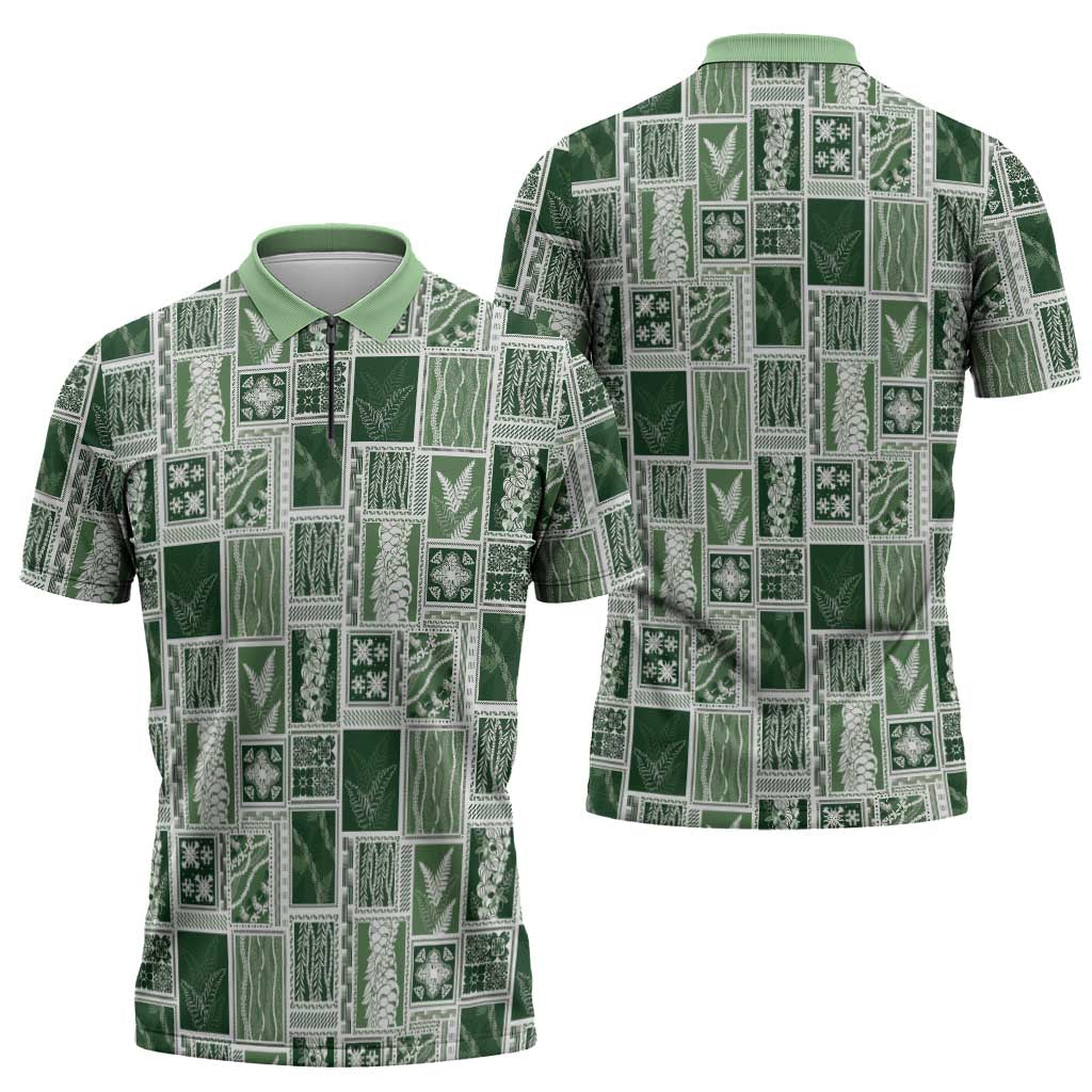 Vintage Aloha Block Quilt Zipper Polo Shirt Green Inspired Lei Motifs - Polynesian Pride