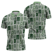 Vintage Aloha Block Quilt Zipper Polo Shirt Green Inspired Lei Motifs - Polynesian Pride