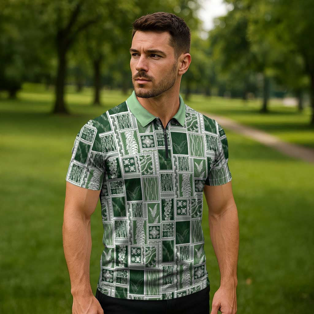 Vintage Aloha Block Quilt Zipper Polo Shirt Green Inspired Lei Motifs - Polynesian Pride